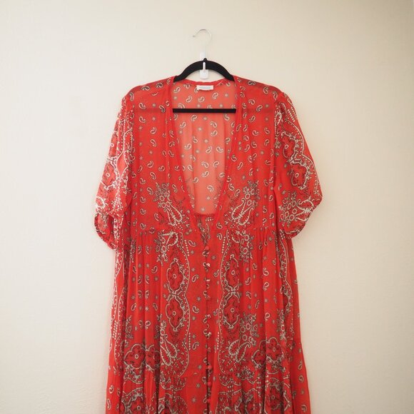 Sundance Red Short Sleeve Brieia Bandana Western Print Sheer Dress - Picture 3 of 8